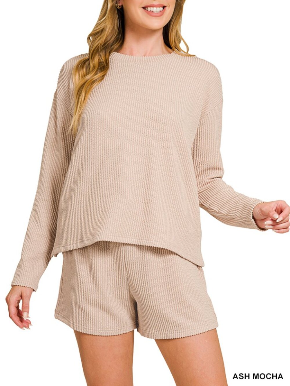 Raised Rib Long Sleeve Tee & Shorts Set in Ash Mocha